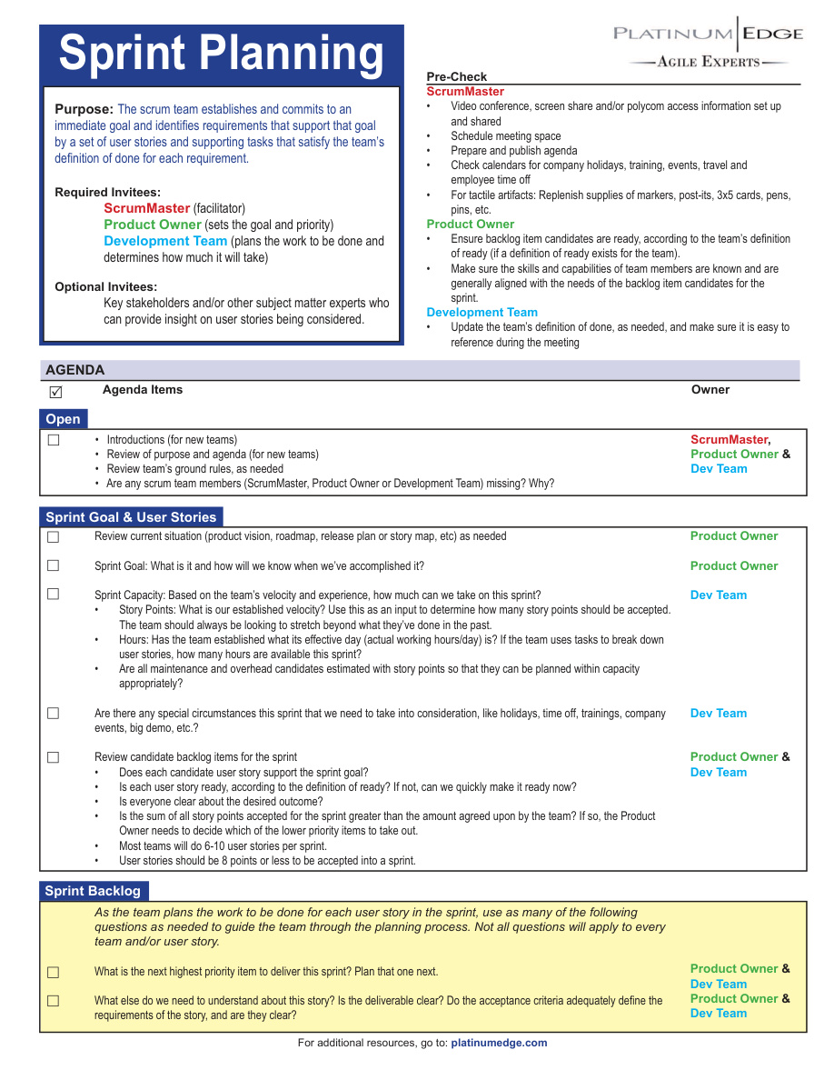 Sprint Planning Checklist PDF – Platinum Edge