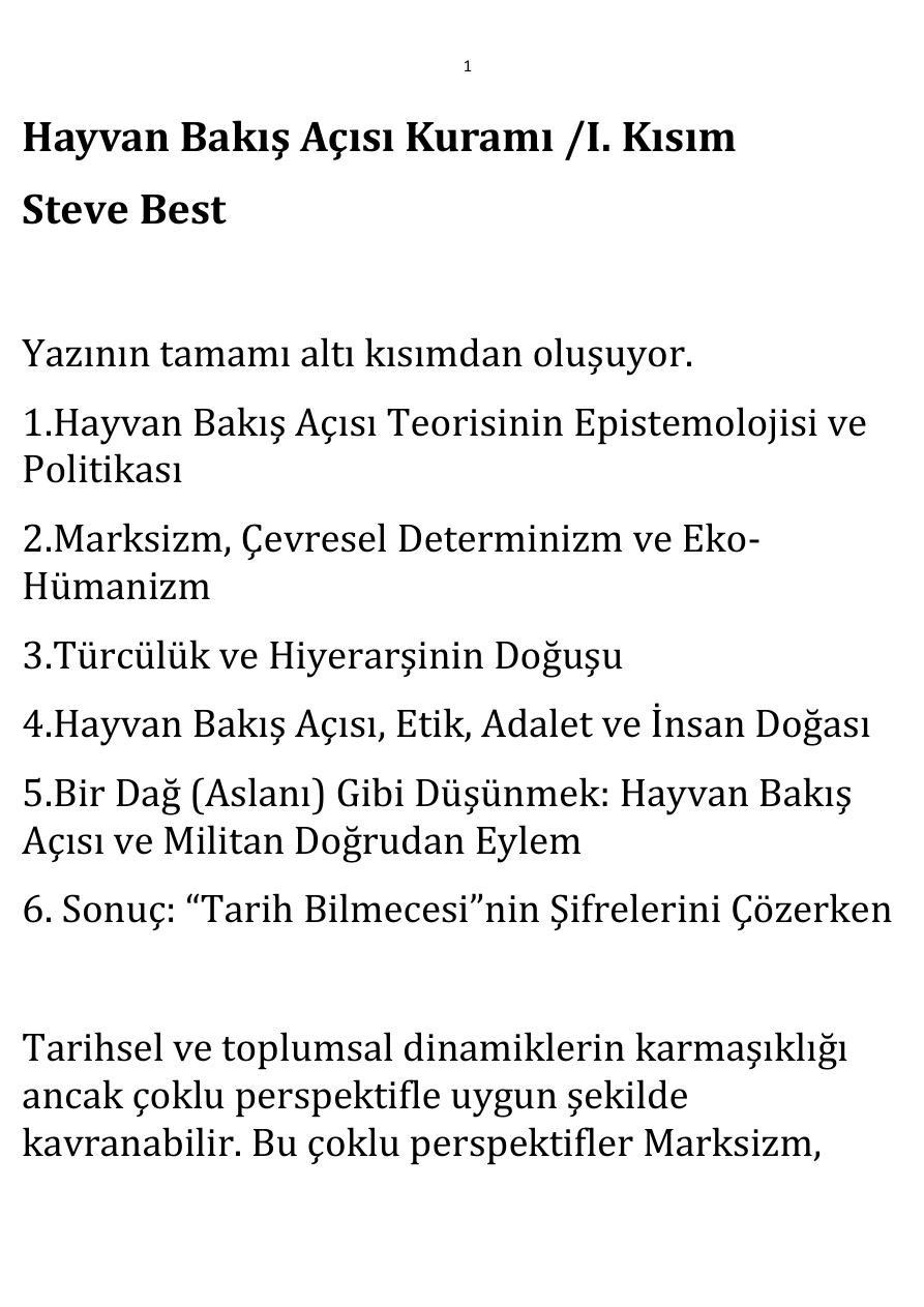 Hayvan Bakış Açısı Kuramı I. Kısım PDF – Steve Best