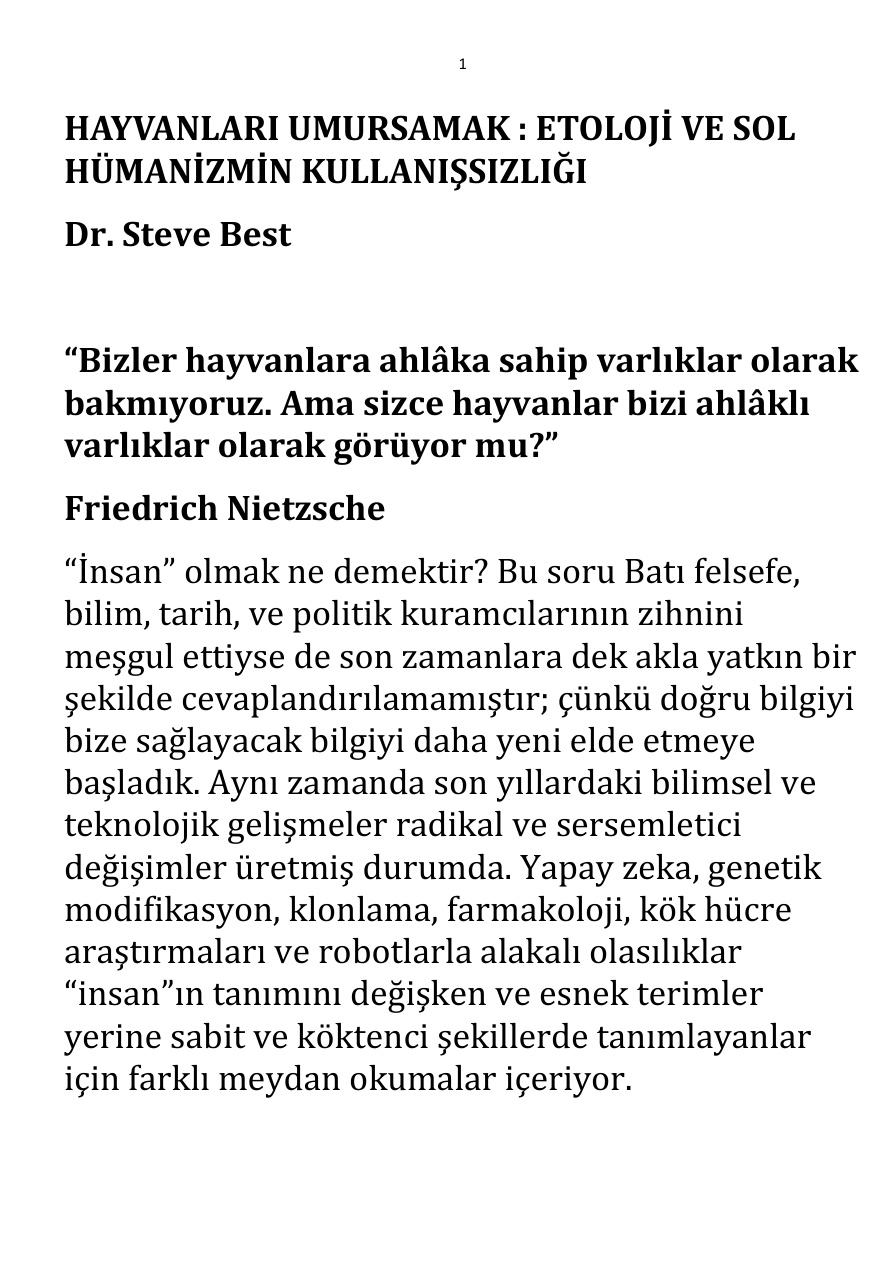 Hayvanları Umursamak; Etoloji ve Sol Hümanizmin Kullanışsızlığı PDF – Steve Best