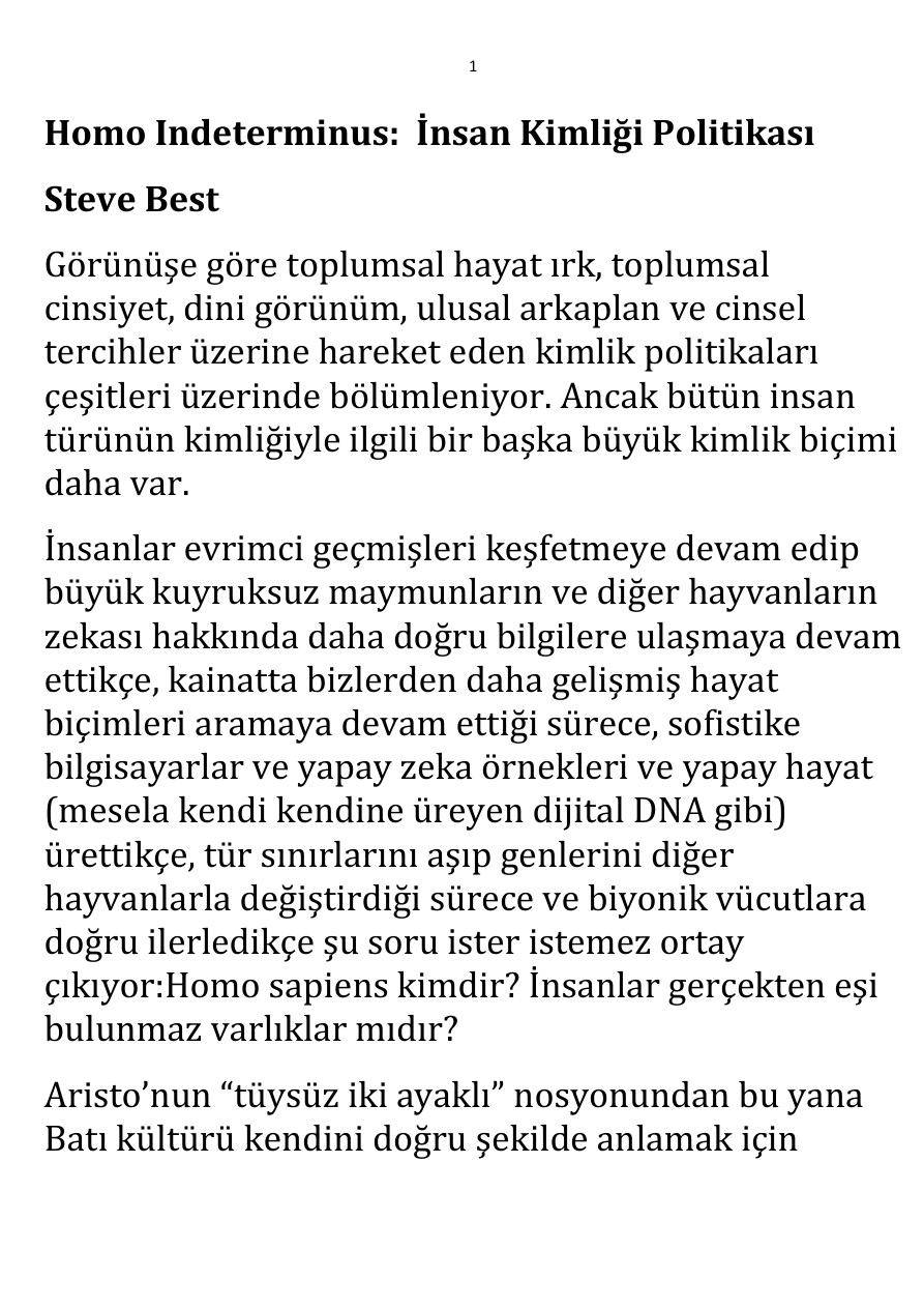 Homo Indeterminus; İnsan Kimliği Politikası PDF – Steve Best
