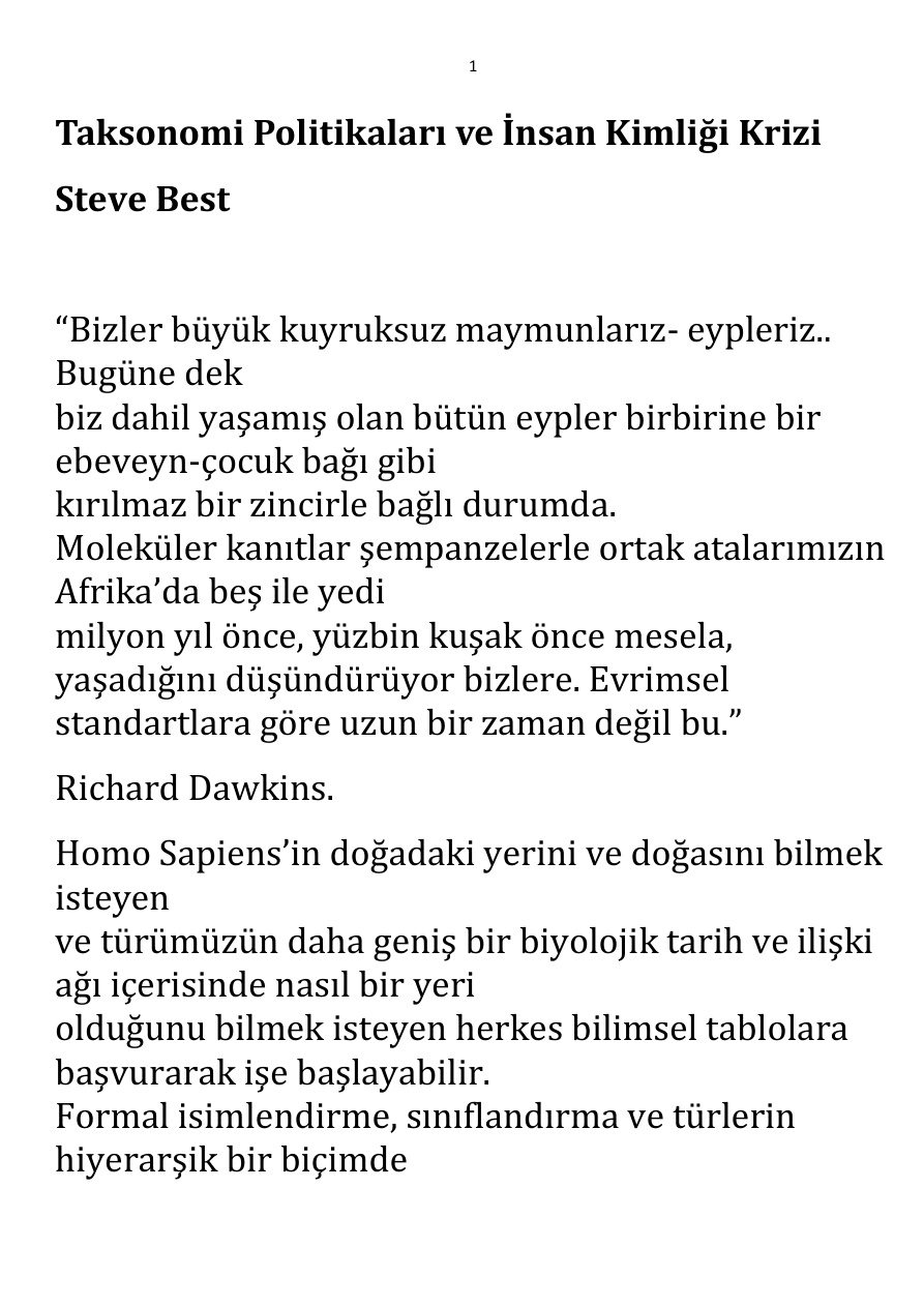 Taksonomi Politikaları ve İnsan Kimliği Krizi PDF – Steve Best