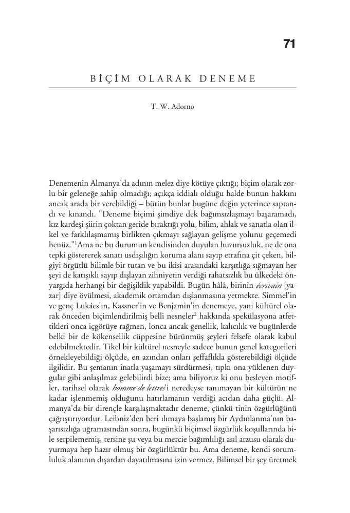 Biçim Olarak Deneme PDF – T. W. Adorno