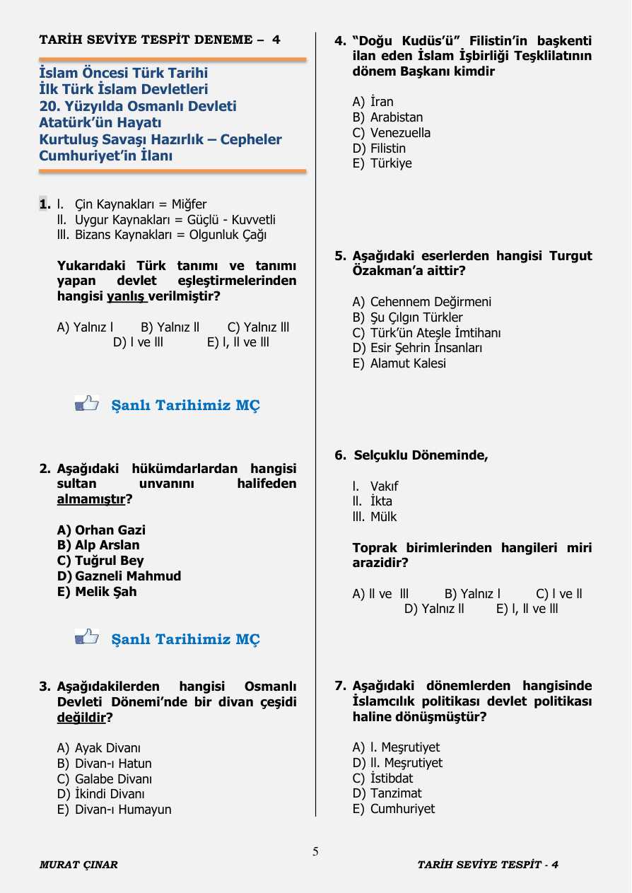 TARİH SEVİYE TESPİT DENEME 4 Şanlı Tarihimiz MÇ PDF – MÇ (Kolektif)
