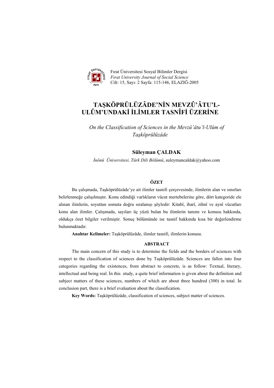 MEVZÛ’ÂTU’L- ULÛM PDF – Taşköprülüzâde