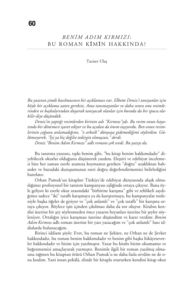 Benim Adım Kırmızı; Bu Roman Kimin Hakkında PDF – Taciser Ulaş