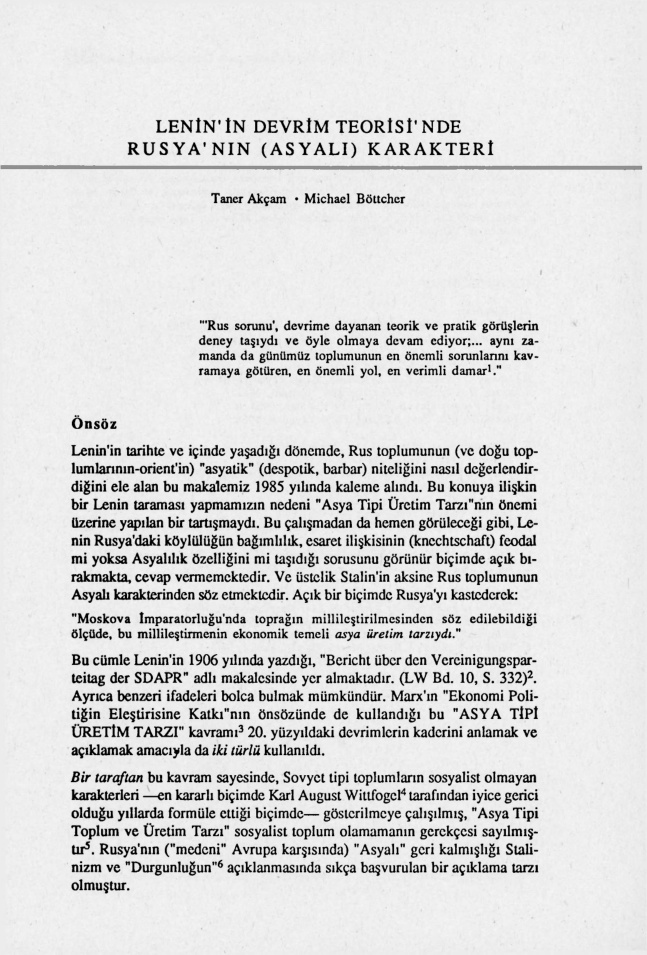 Lenin’in Devrim Teorisi’nde Rusya’nın (Asyalı) Karakteri PDF – Taner Akçam & Michael Böttcher