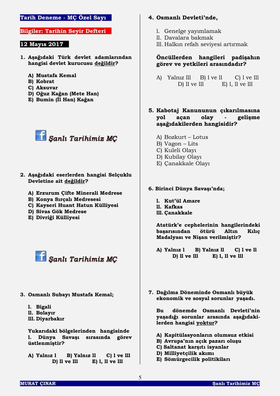 Tarih Deneme 2017 MÇ ÖZEL PDF – Kolektif / Eğitim