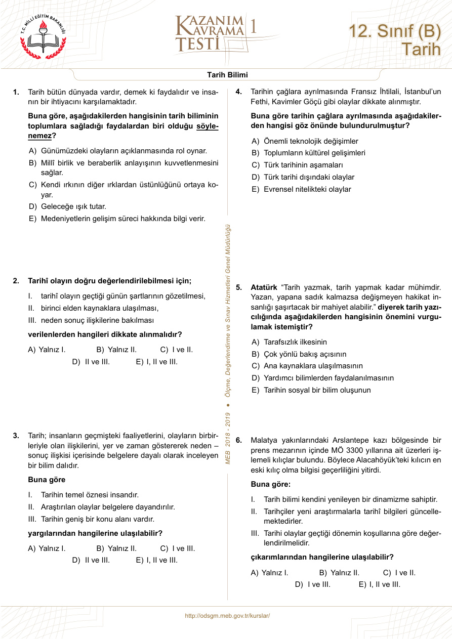 Tarih Dersi Mezun Kazanım Testleri PDF – Kolektif / Eğitim