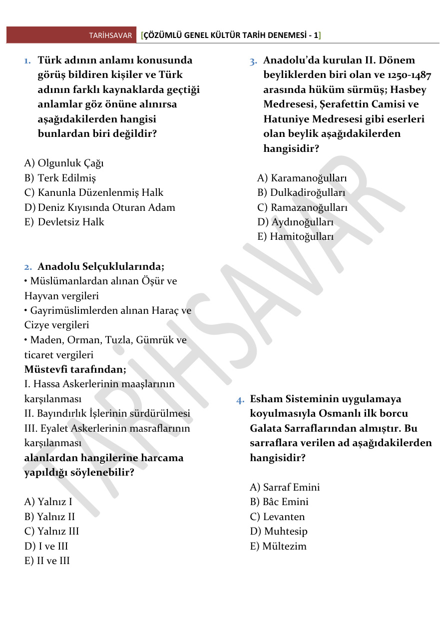 Tarihsavar Çözümlü Genel Kültür Tarih Denemesi PDF – Kolektif / Eğitim