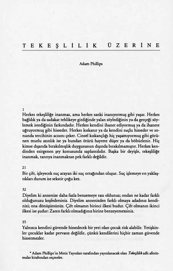 Tekeslilik Üzerine Adam Phillips Çev. Bülent Somay Kitap Kapağı