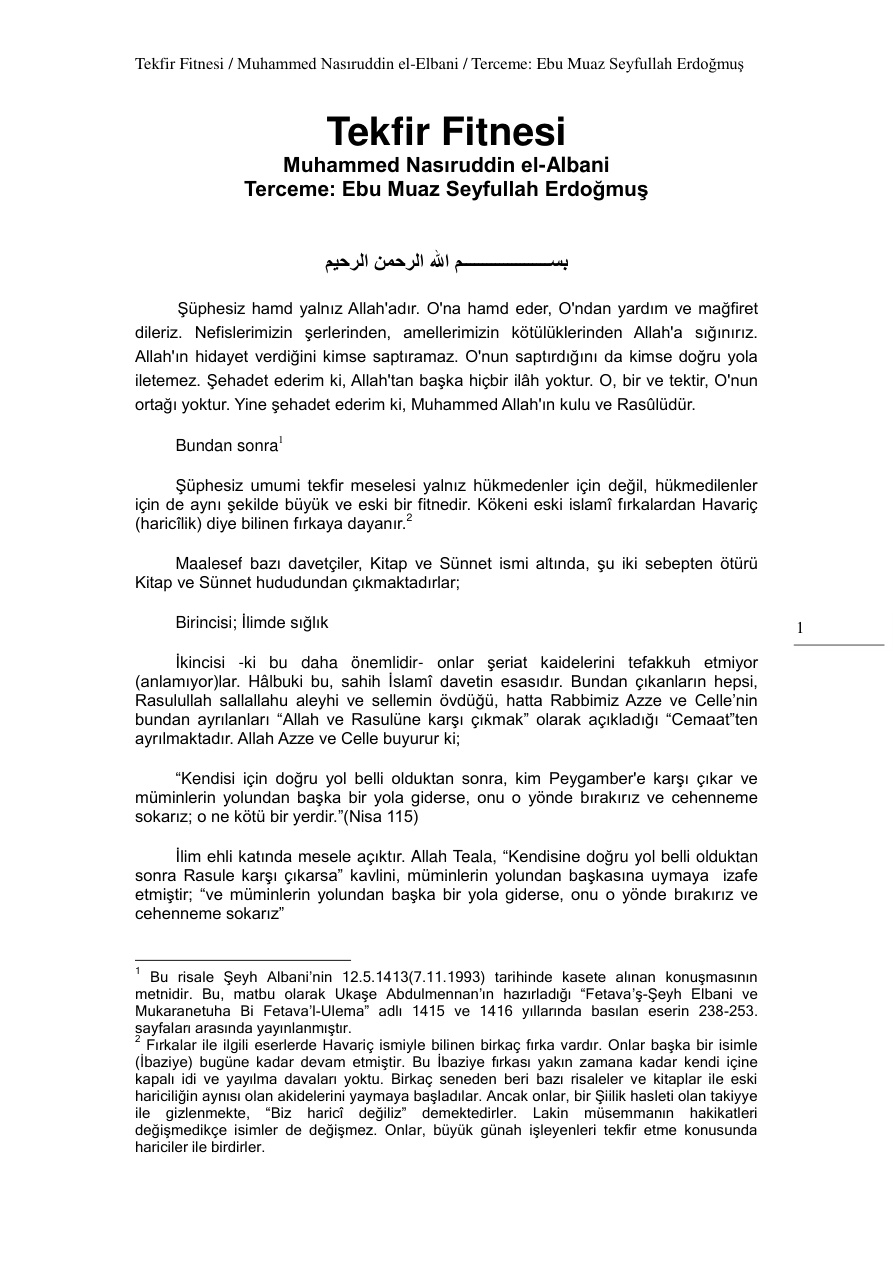 Tekfir Fitnesi PDF – Muhammed Nasıruddin el-Albani