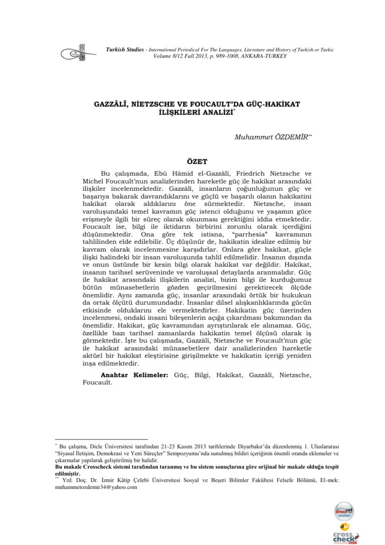 Tez Gazzali, Nietzsche ve Foucault'da Güç Hakikat Ilişkileri Analizi Kitap Kapağı