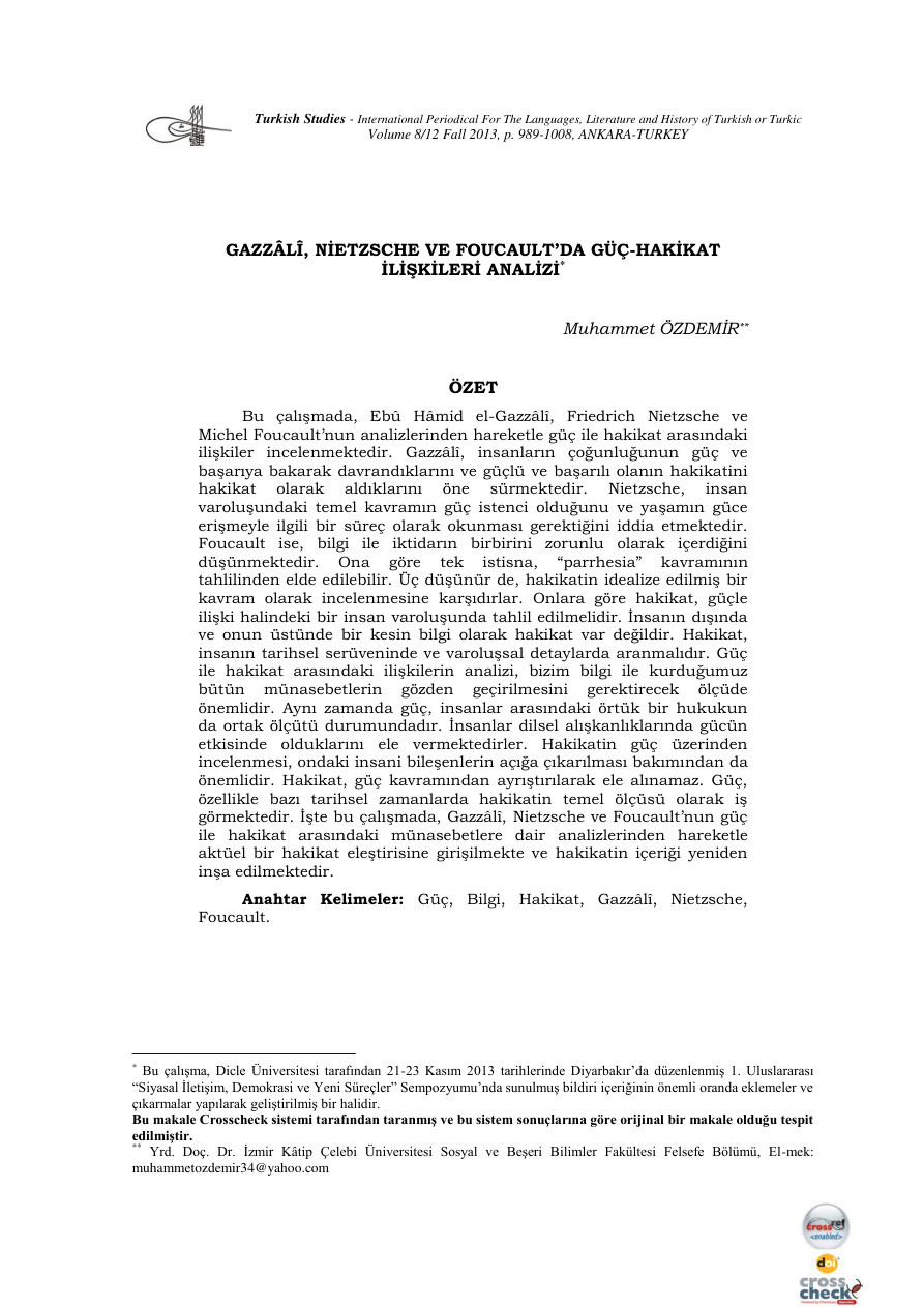 Gazzali, Nietzsche ve Foucault’da Güç-Hakikat Ilişkileri Analizi PDF – Kolektif / Tez