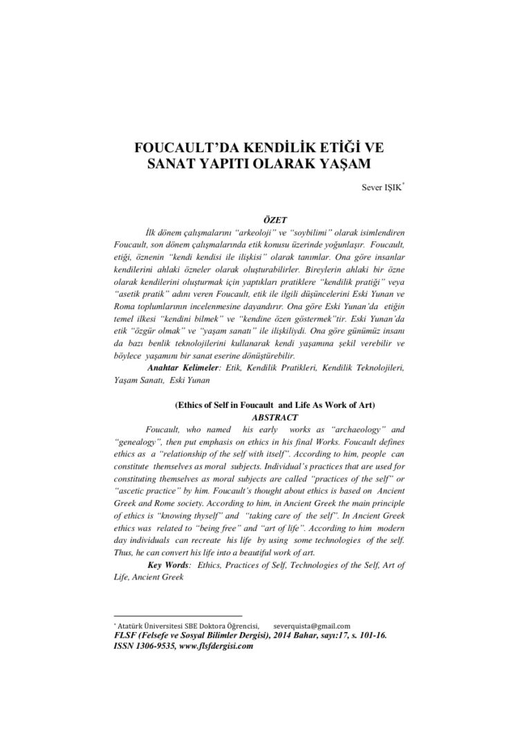 Tez Michel Foucault'da Kendilik Etiği ve Sanat Yapıtı Olarak Yaşam Kitap Kapağı