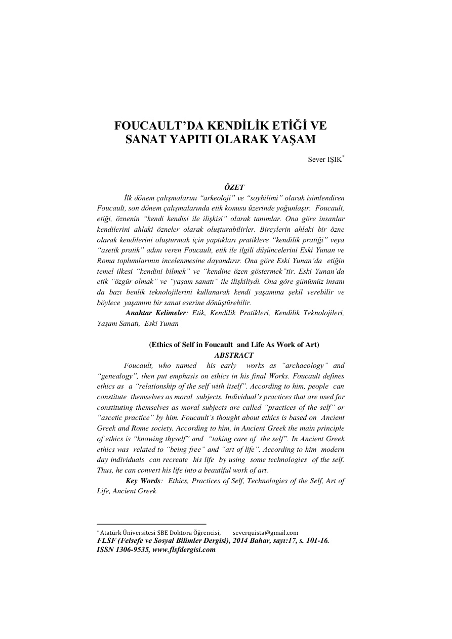 Michel Foucault’da Kendilik Etiği ve Sanat Yapıtı Olarak Yaşam PDF – Kolektif / Tez