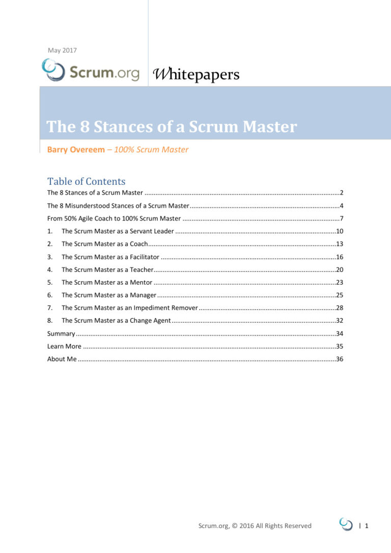 The 8 Stances of a Scrum Master PDF - Barry Overeem 1 The 8 Stances of a Scrum Master Whitepaper v2 0 Kitap Kapağı