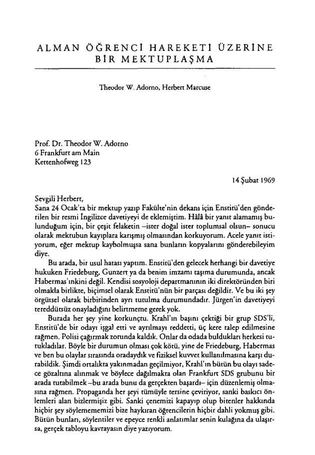 Alman Öğrenci Hareketi Üzerine Bir Mektuplaşma PDF – Theodor W. Adorno & Herbert Marcuse