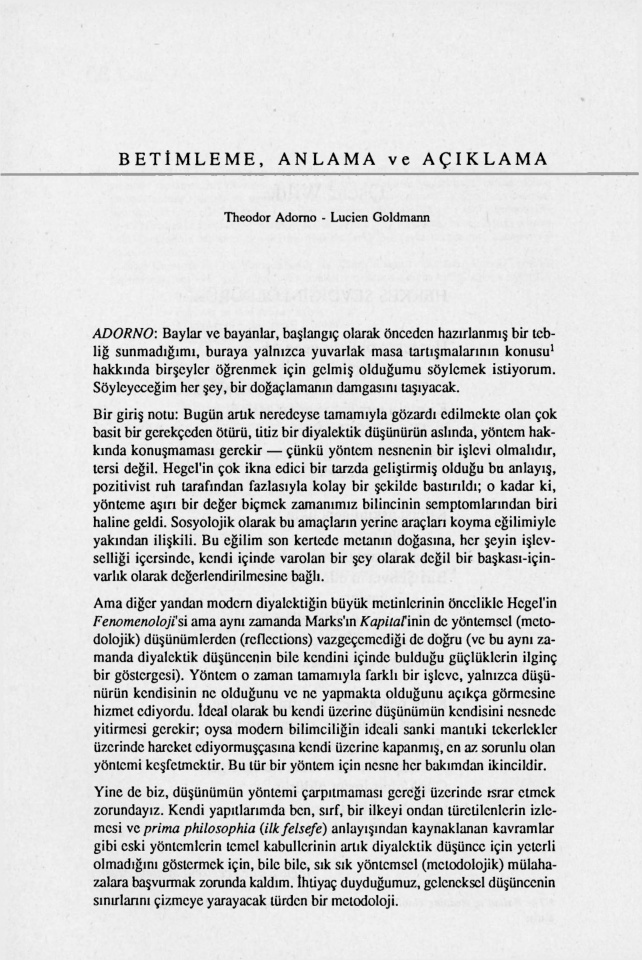 Betimleme, Anlama ve Açıklama PDF – Theodor W. Adorno & Lucien Goldman