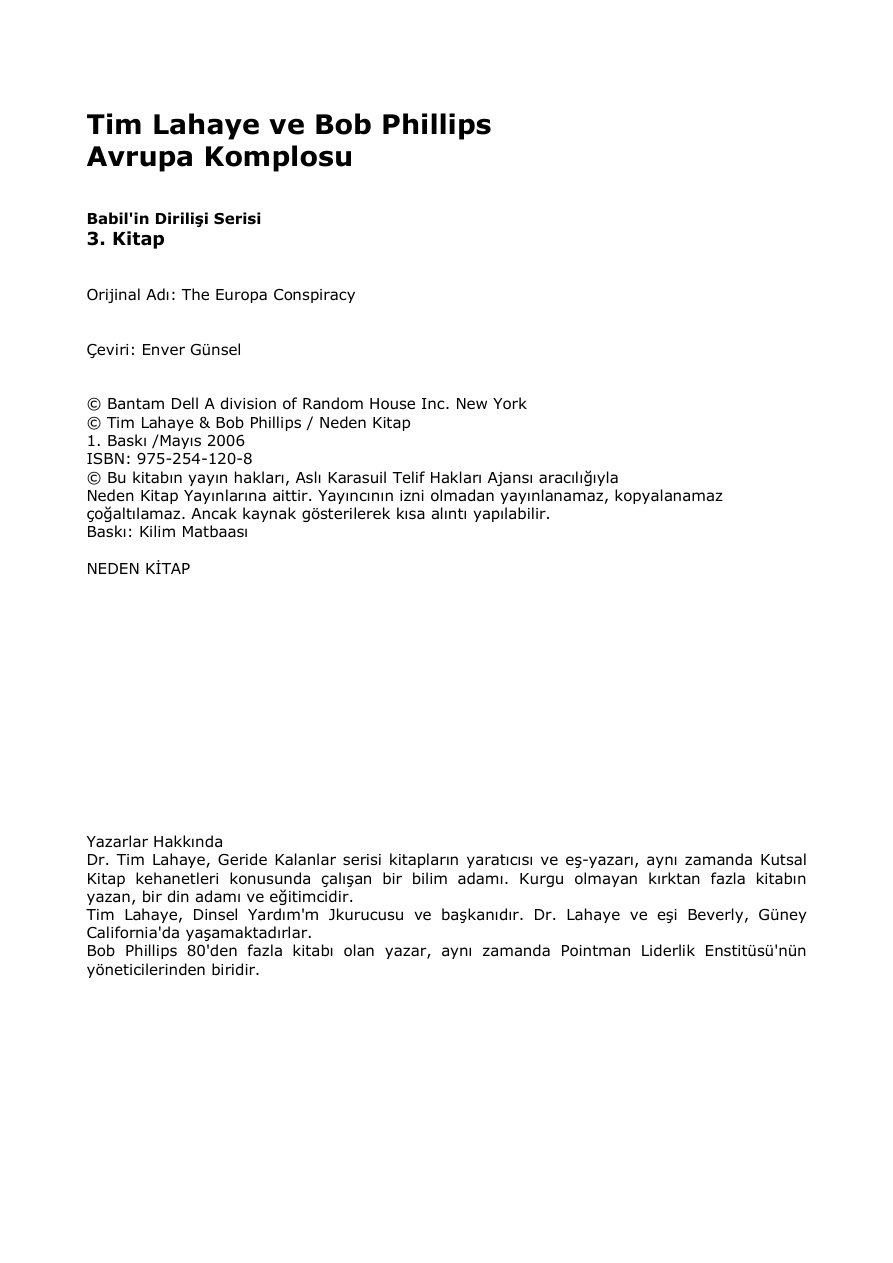 Avrupa Komplosu PDF – Tim LaHaye & Bob Phillips