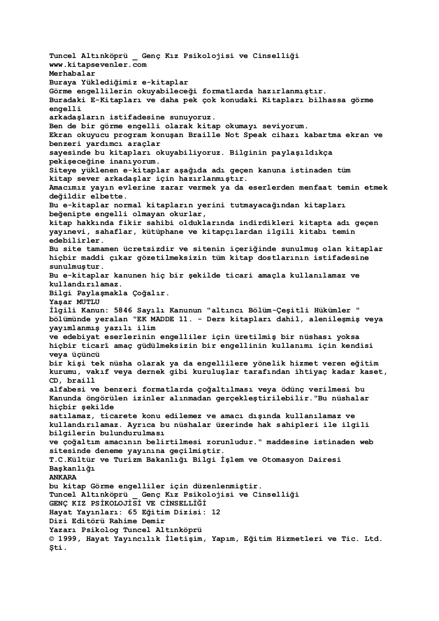Genç Kız Psikolojisi ve Cinselliği PDF – Tuncel Altınköprü