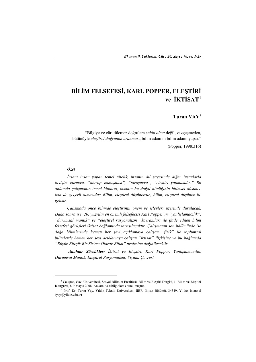Bilim Felsefesi, Karl Popper, Eleştiri ve İktisat PDF – Turan Yay