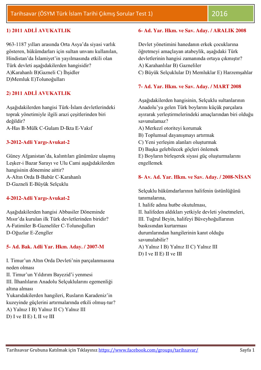 Türk İslam Tarihi Test 1 & 2 (ÖSYM Çıkmış Sorular) PDF – Kolektif / Eğitim