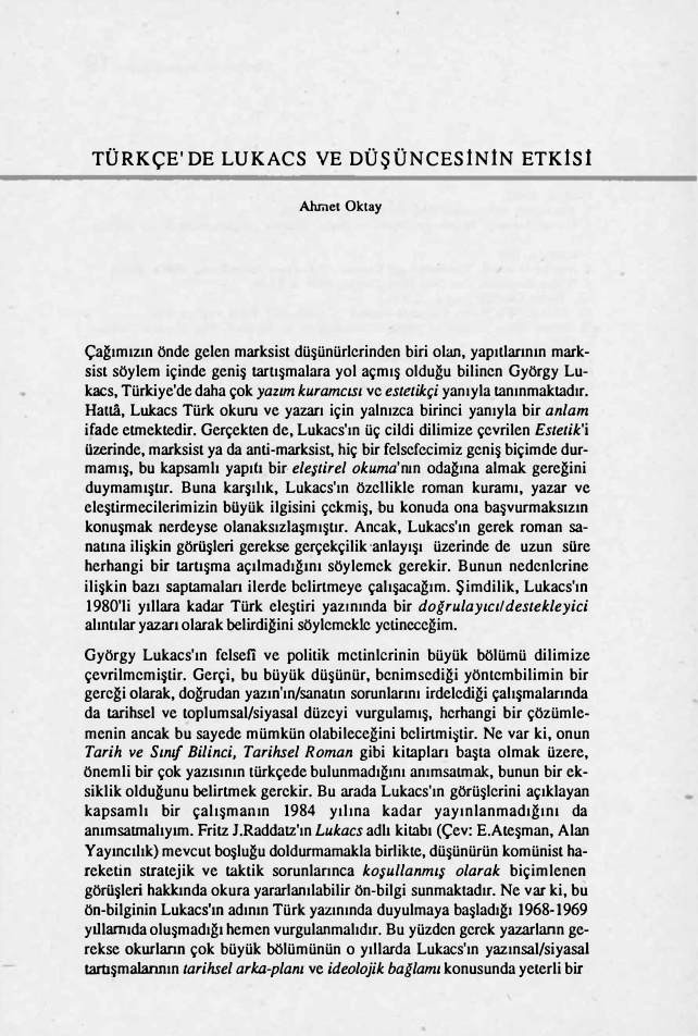 Türkçe’de Lukacs ve Düşüncesinin Etkisi PDF – Ahmet Oktay