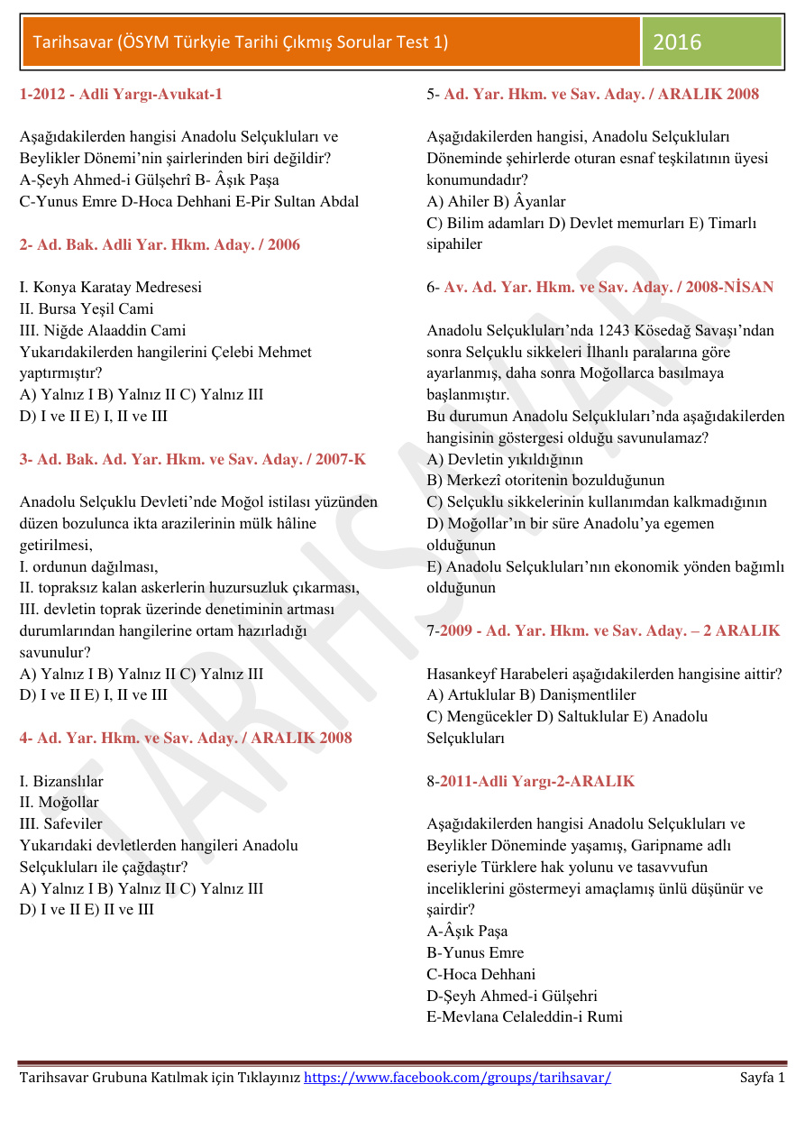 Türkiye Tarihi Test 1 (ÖSYM Çıkmış Sorular) PDF – Kolektif / Eğitim