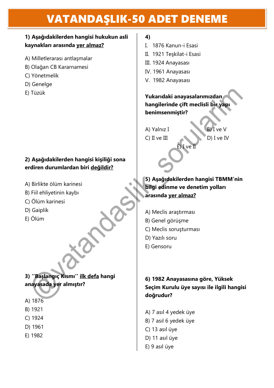 Vatandaşlık 50 Deneme PDF – Kolektif