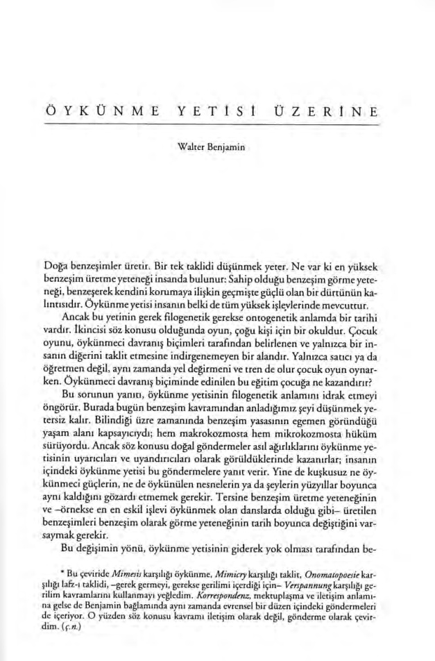 Öykünme Yetisi Üzerine PDF – Walter Benjamin