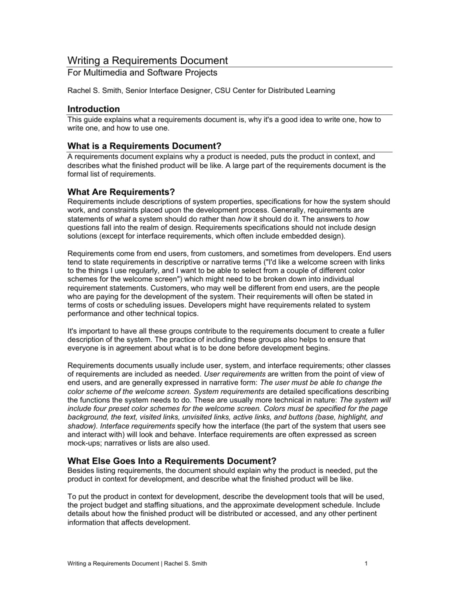 Writing a Requirements Document PDF – Rachel S. Smith
