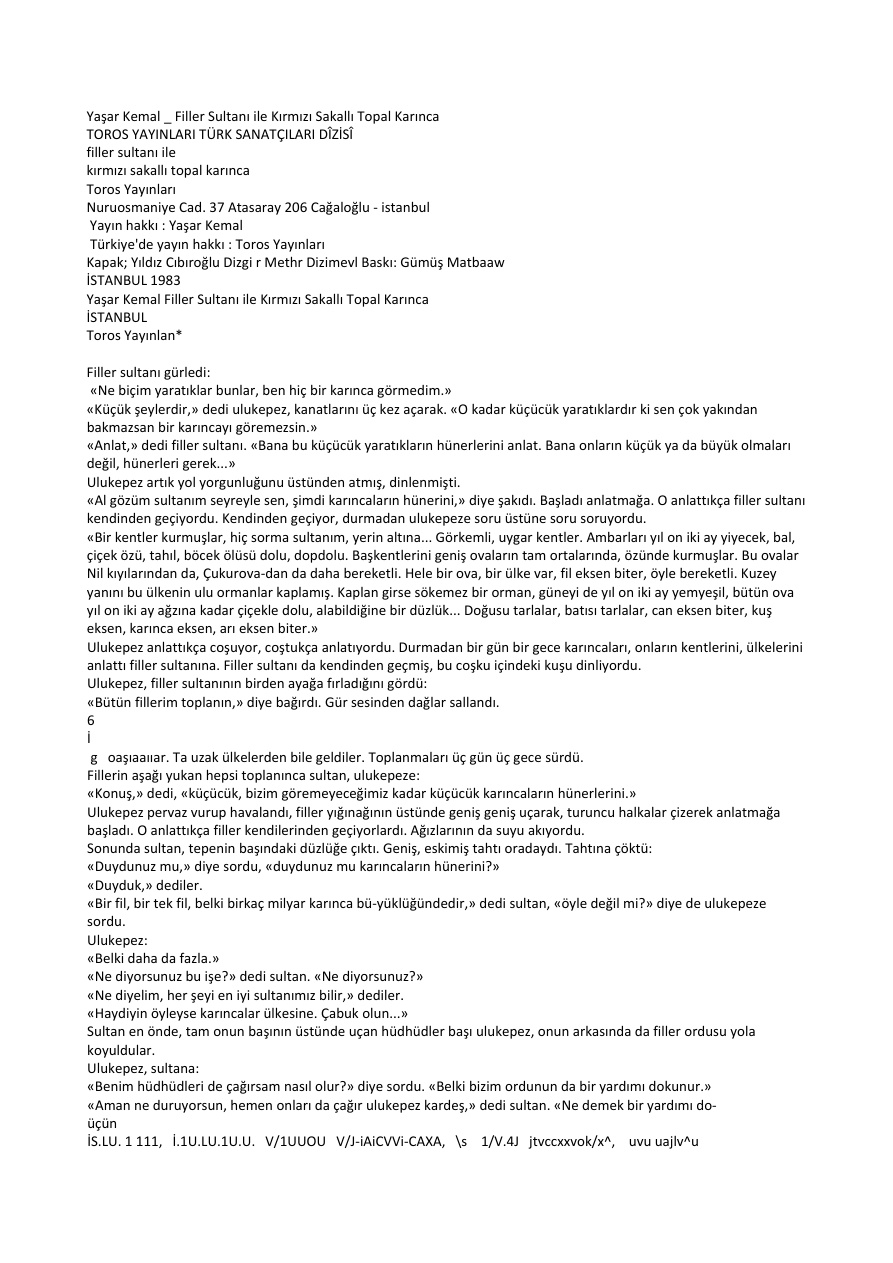 Filler Sultanı İle Kırmızı Sakallı Topal Karınca PDF – Yaşar Kemal