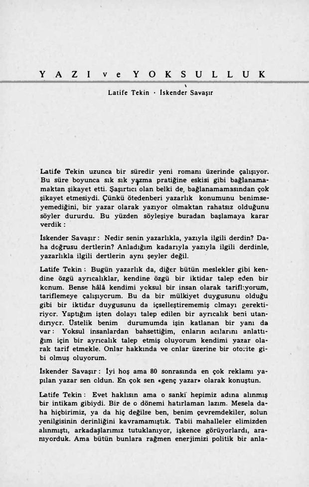 Yazı ve Yoksulluk Latife Tekin, İskender Savaşır Kitap Kapağı