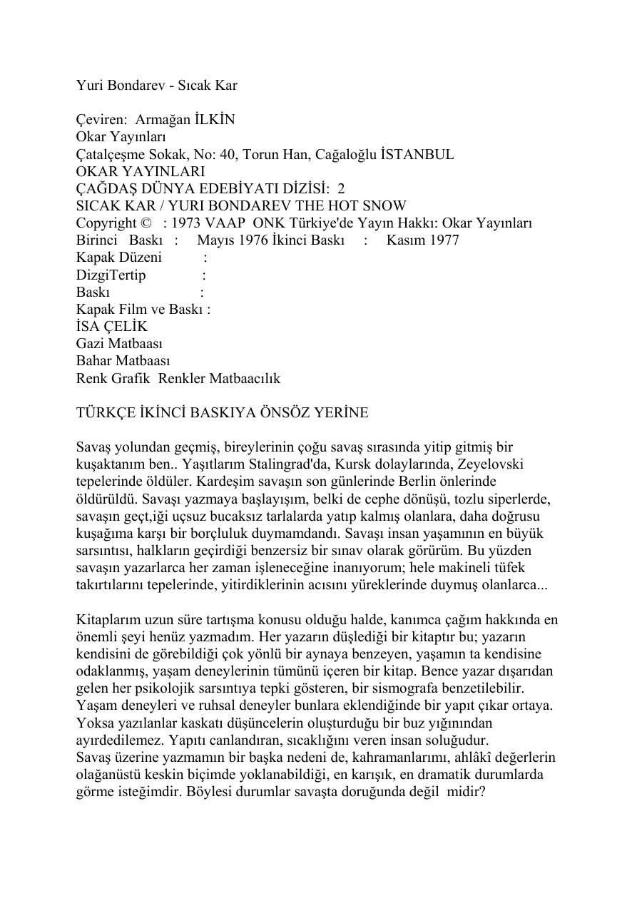 Sicak Kar PDF – Yuri Bondarev