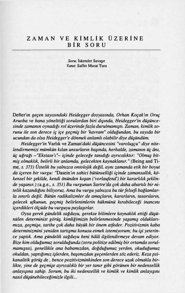 Zaman ve Kimlik Üzerine Bir Soru PDF – İskender Savaşır, Saffet Murat Tura