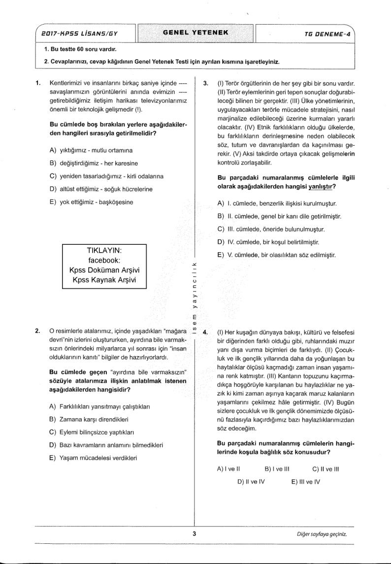 İsem 2017 TG 4 GYGK (Çözümlü) PDF – İsem Yayıncılık Komisyon