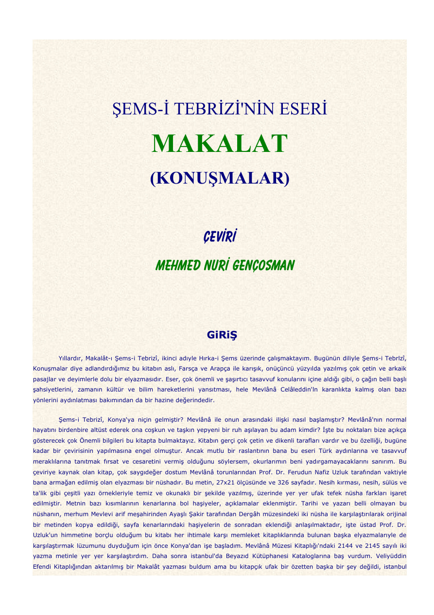 Makalat PDF – Şems-i Tebrizi