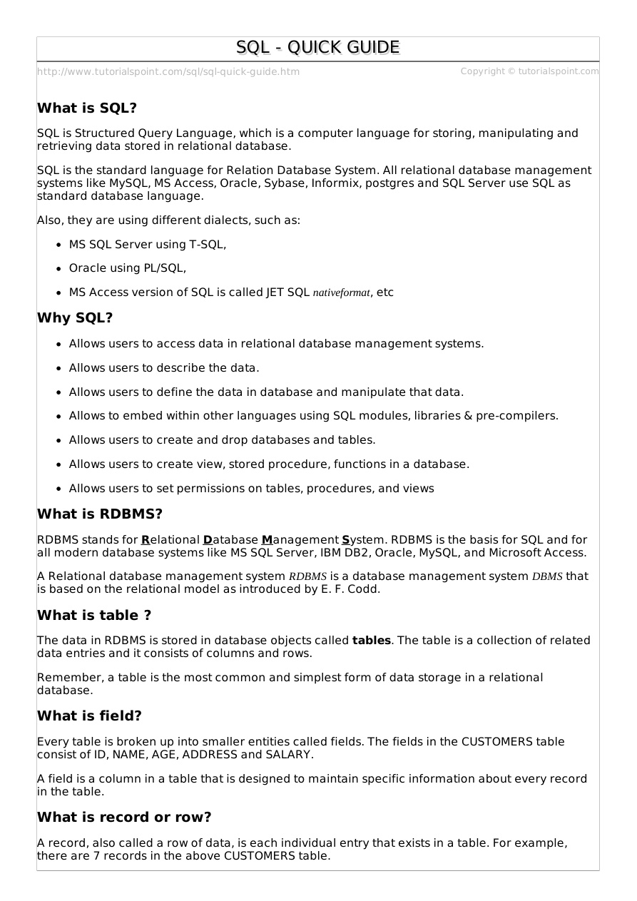 SQL Quick Guide PDF – Unknown