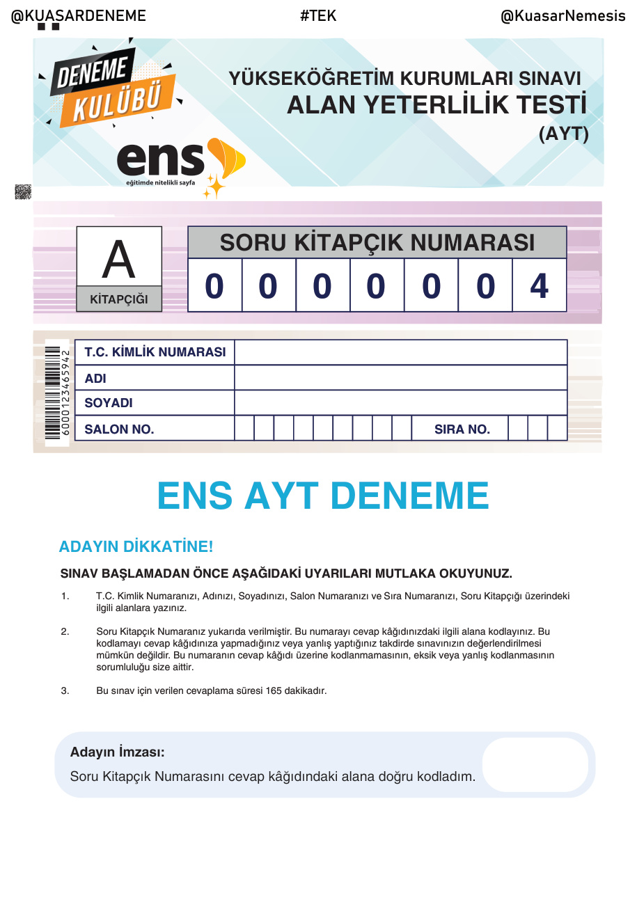 2026 Ens Deneme Kulübü Serisi AYT-4 PDF İndir – Ens Yayınları Komisyon