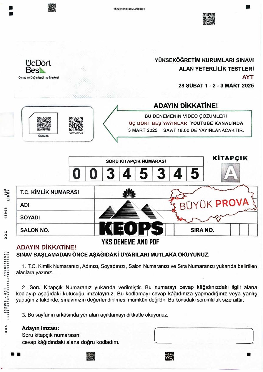 345 TG AYT BÜYÜK PROVA 2025 PDF İndir – 345 Yayınları Komisyon