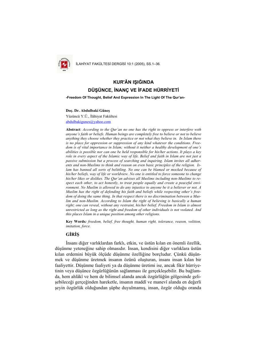 Kur-an Isiginda Dusunce Inanc ve Ifade Hurriyeti PDF İndir – Abdulbaki Güneş