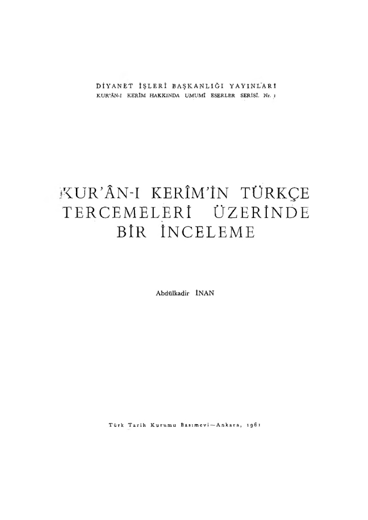 Kuran-i Kerimin Turkce Tercemeleri Uzerinde Bir Inceleme PDF İndir – Abdülkadir İnan