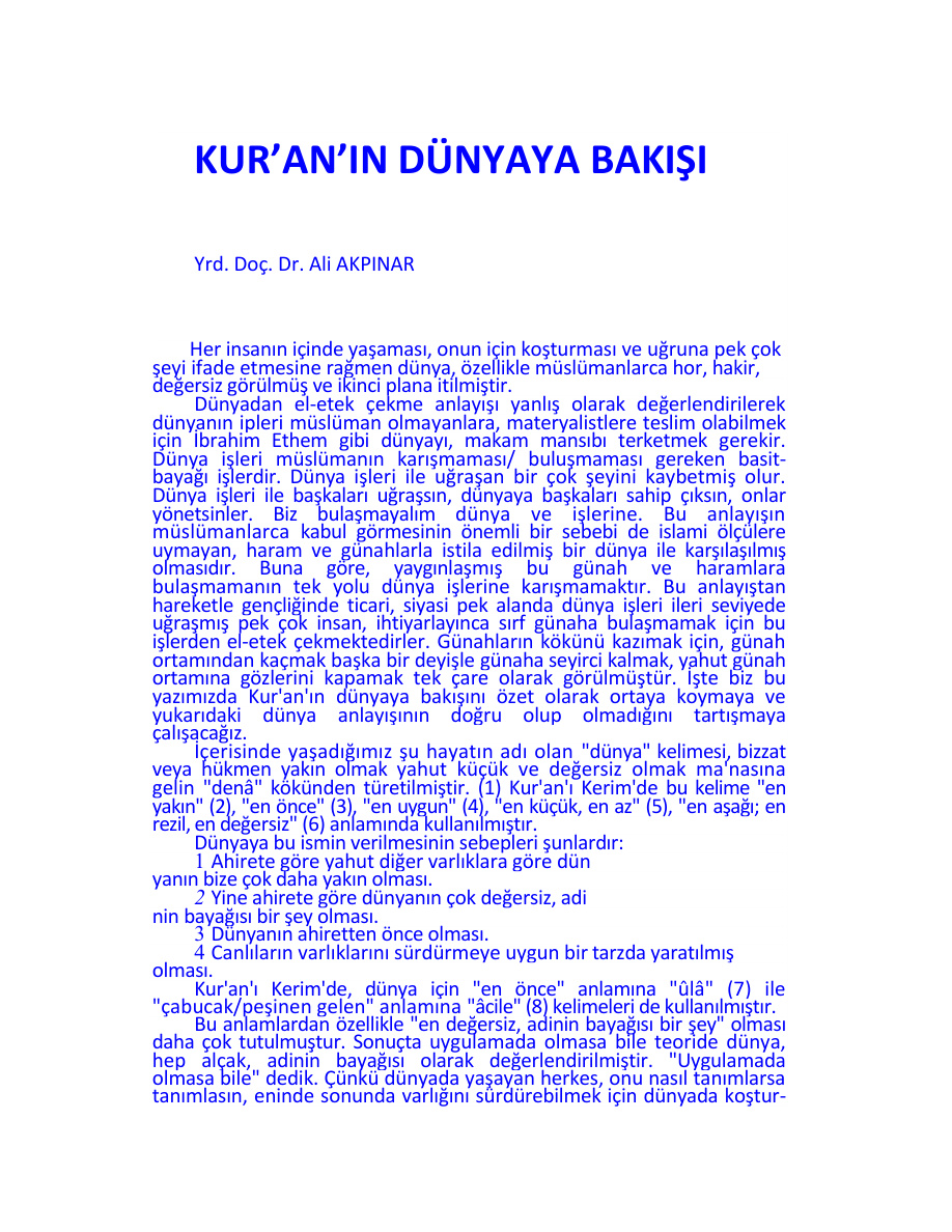 Kuranin Dunyaya Bakisi PDF İndir – Ali Akpınar
