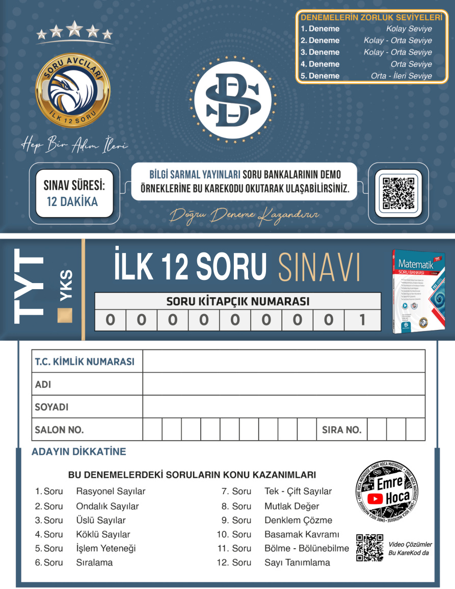 TYT Matematik İlk 12 Soru Denemeleri PDF İndir – Bilgi Sarmal Komisyon