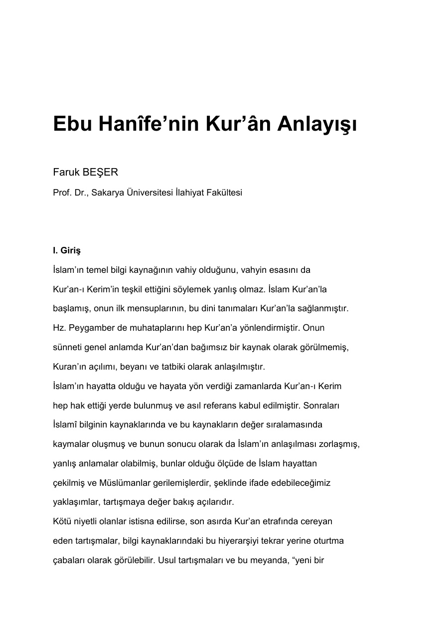 Ebu Hanifenin Kuran Anlayisi PDF İndir – Faruk Başer