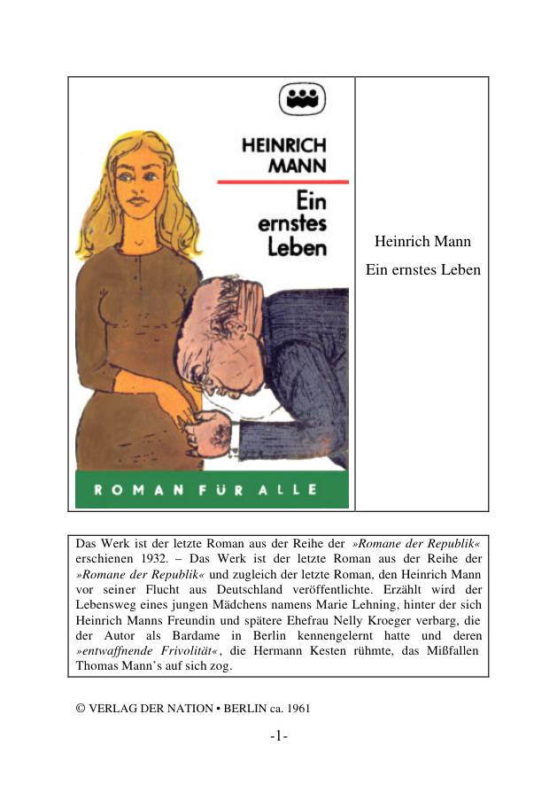 Heinrich Mann Ein ernstes Leben Kitap Kapağı