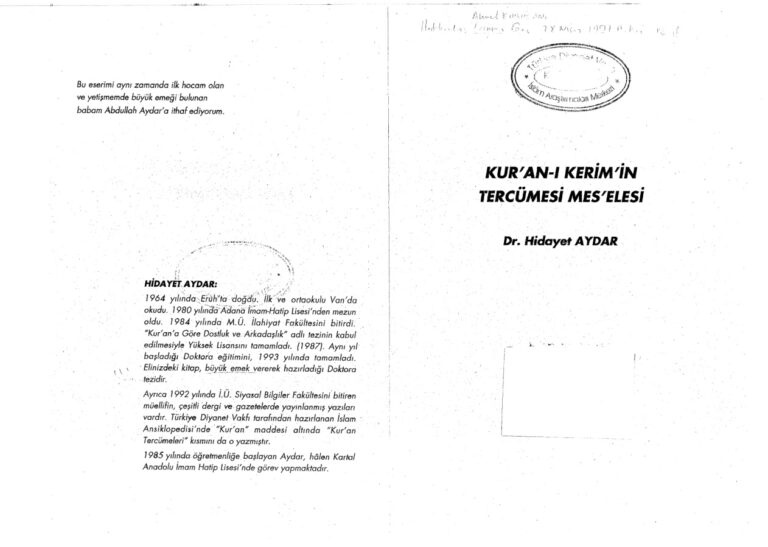 Hidayet Aydar Kuran i Kerimin Tercume Meselesi Kitap Kapağı