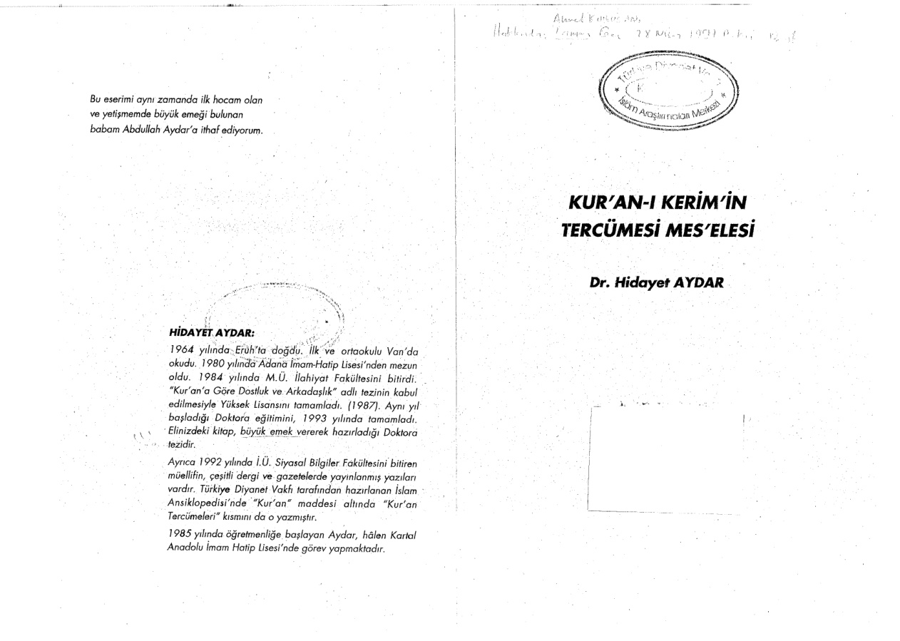 Kuran-i Kerimin Tercüme Meselesi PDF – Hidayet Aydar