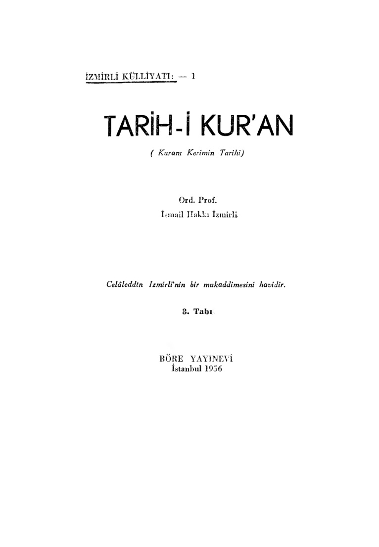 Ismail Hakki Izmirli Tarih i Kuran Kurani Kerimin Tarihi Kitap Kapağı