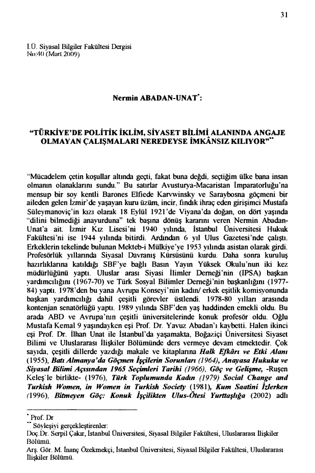 İstanbul Üniversitesi Siyasal Bilgiler Fakültesi Dergisi Sayı 040 Mart 2009 (Nermin Abadan Unat) PDF İndir – Kolektif